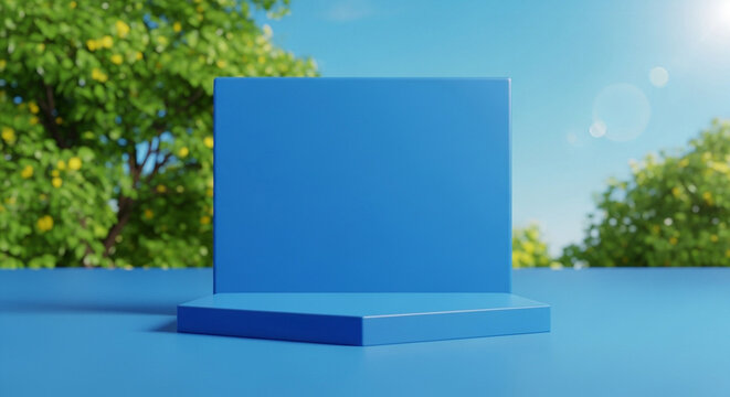 Sleek blue geometric pedestal for showcasing items outdoors on a beautiful summer day.