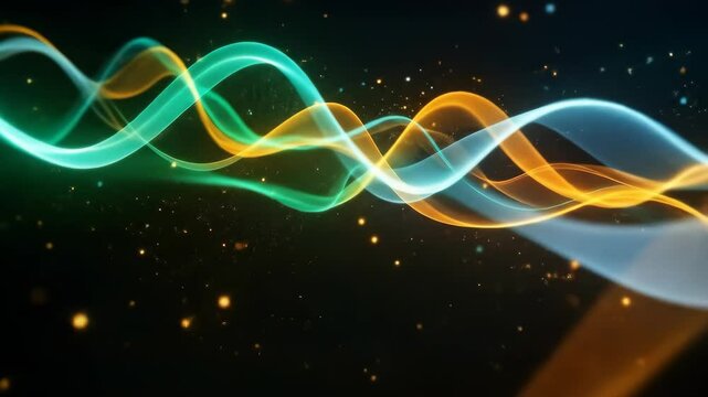 Dynamic motion: Colorful waves of light undulate gracefully across a dark background, creating a mesmerizing flow. The camera gently zooms in and out, highlighting the vibrant colors and sparkling par