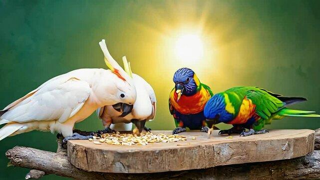 Colorful parrots feeding on a wooden platform under a bright sun in a serene environment