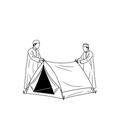 Two people setting up tent during outdoor camping activity