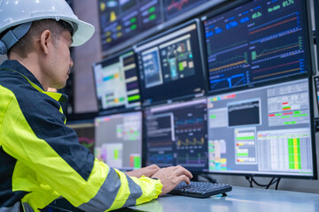 Engineer working at control room, Manager control system, Technician man monitoring program from a...