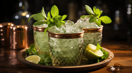 Moscow Mule Cocktail in a Copper Mug with Lime and Ice
