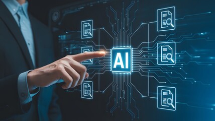 Businessman interacting with a glowing AI interface, symbolizing advanced technology, data analysis and digital transformation for business operations.