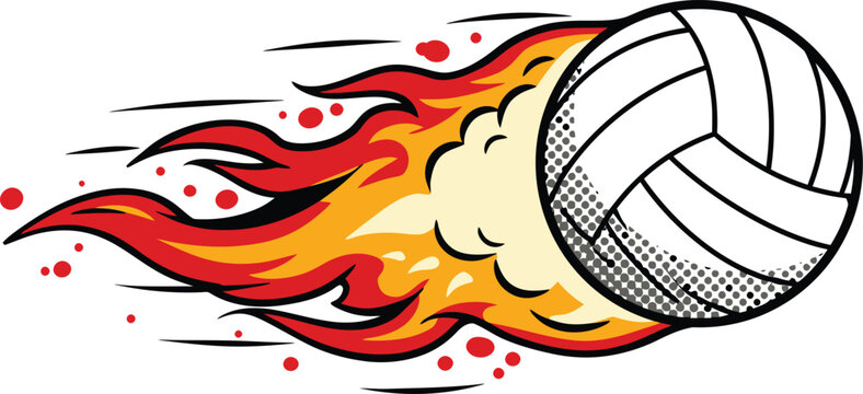 A cartoon volleyball with flames and motion lines on a white background in a vector illustration