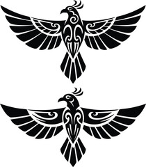 Two stylized black phoenix birds with intricate tribal designs on a white background art