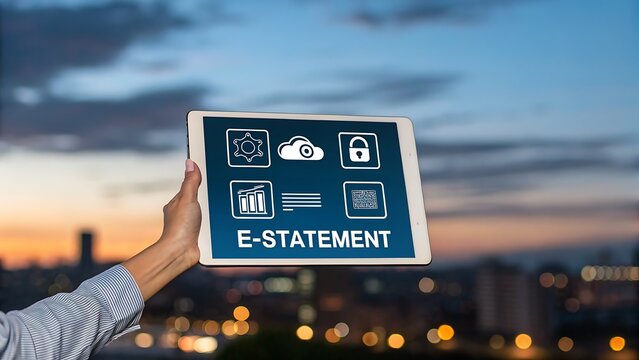 Tablet Displaying Electronic Statement Concept Against a Cityscape at Dusk: Modern Communication and Technology.