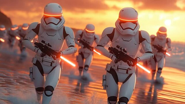 Soldiers running on beach sunset