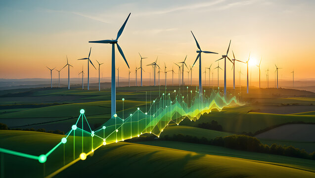 Photo of wind turbines with a data graph representing renewable energy growth