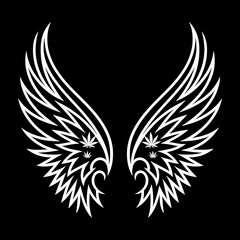 Obraz premium Stylized white angel wings with cannabis leaf embellishments on black background