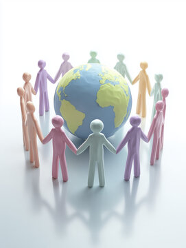 Colorful figures holding hands in circle around globe representing unity and global community, emphasizing diversity and cooperation across world