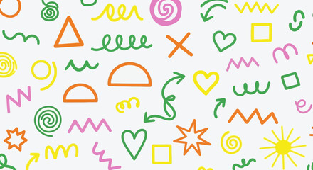 Vibrant Whimsical Pattern with Geometric Shapes and Swirls for Creative Backgrounds and Designs