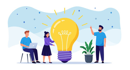 Brainstorming Ideas Collaborative Team with a Bright Lightbulb for Innovation, Creativity, and Conceptual Solutions