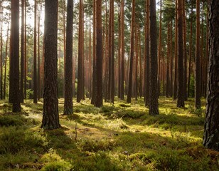 Golden sun rays pierce through the misty forest, illuminating a leaf-strewn path in the autumn woodland