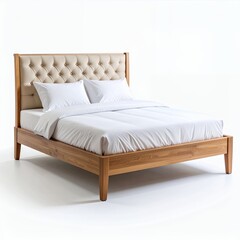 Elegant upholstered bed frame with tufted headboard and crisp white linens creating cozy comfort on white background