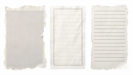 Three torn paper pieces with grid lines and horizontal lines isolated on transparent background