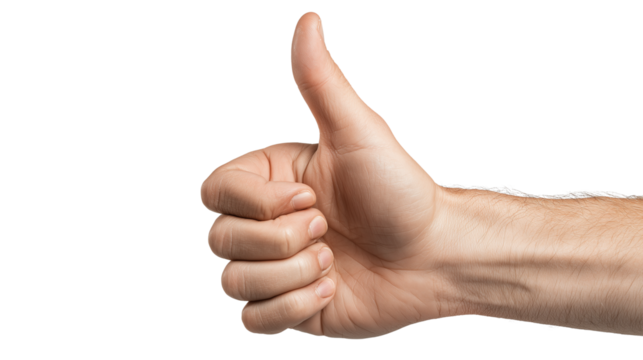 Human thumbs up gesture that can be used to express joy, approval, and positivity, on a transparent background suitable for visual communication