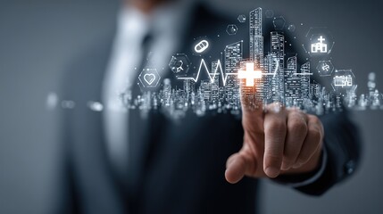 Naklejka premium Businessman Touching Digital Medical Icons Representing Healthcare Technology, Telemedicine, Smart City Health Solutions, and Connected Care Systems