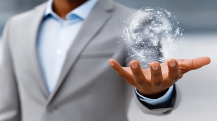 business professional using ai holographic interface in bright modern workspace