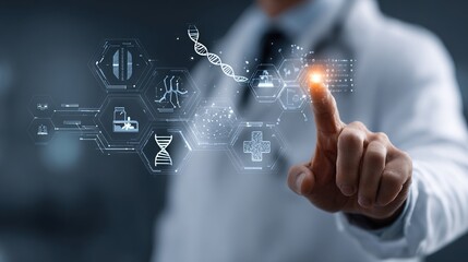 Doctor Interacting with Virtual DNA Interface Featuring Medical Icons, Molecular Structures and Futuristic Digital Healthcare Technology Display