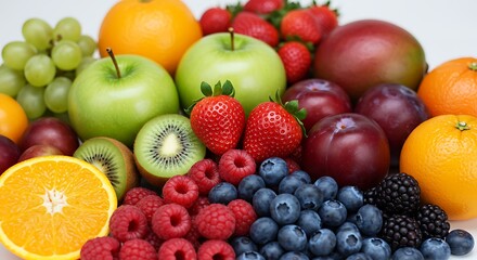 A vibrant assortment of fresh fruits, including apples, berries, grapes, kiwi, mango, oranges, and plums, displayed against a bright background.