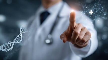 Doctor Touching Futuristic Digital Interface with DNA Strand and Medical Cross Symbol Representing Modern Healthcare Technology