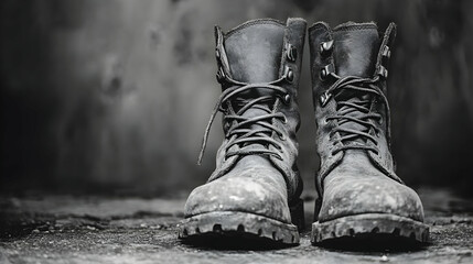 A pair of worn leather boots sits on a ground surface.