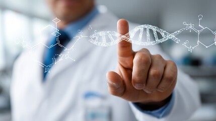 Doctor Touching Virtual DNA Double Helix and Molecular Structure Interface in Modern Laboratory Biotechnology Concept