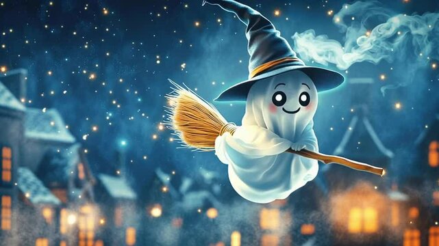 Cute ghost flying on broomstick with witch hat in glowing night sky full of stars and magical village lights creating joyful Halloween fantasy scene