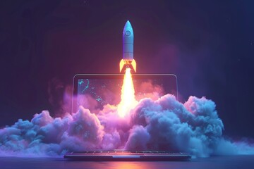 Fototapeta premium laptop with rocket coming out of screen