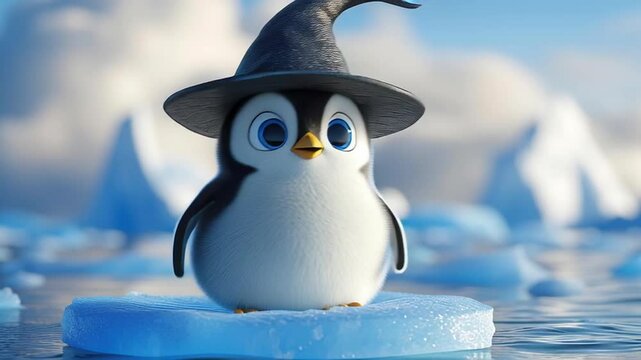 Cute penguin wearing black witch hat stands on floating ice block in cold icy water with snowy mountain background creating magical winter scene
