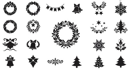 Set of black silhouettes of trees, plants, and fire vector pattern design