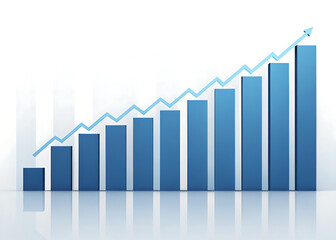 A blue bar graph showing an upward trend with a light blue arrow indicating the increase in value