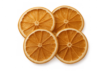 Four dried orange slices are slightly overlapping on a transparent background, creating a warm and inviting image