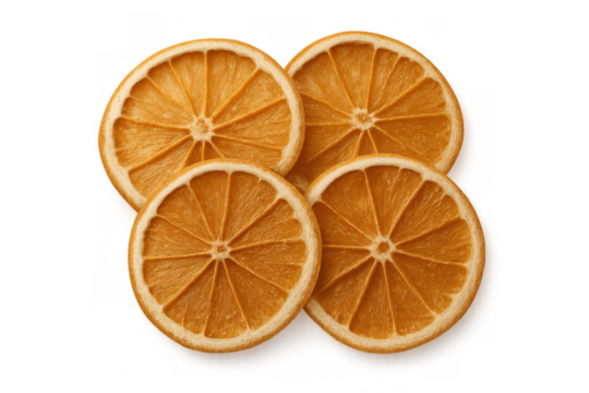 Four dried orange slices are slightly overlapping on a transparent background, creating a warm and inviting image