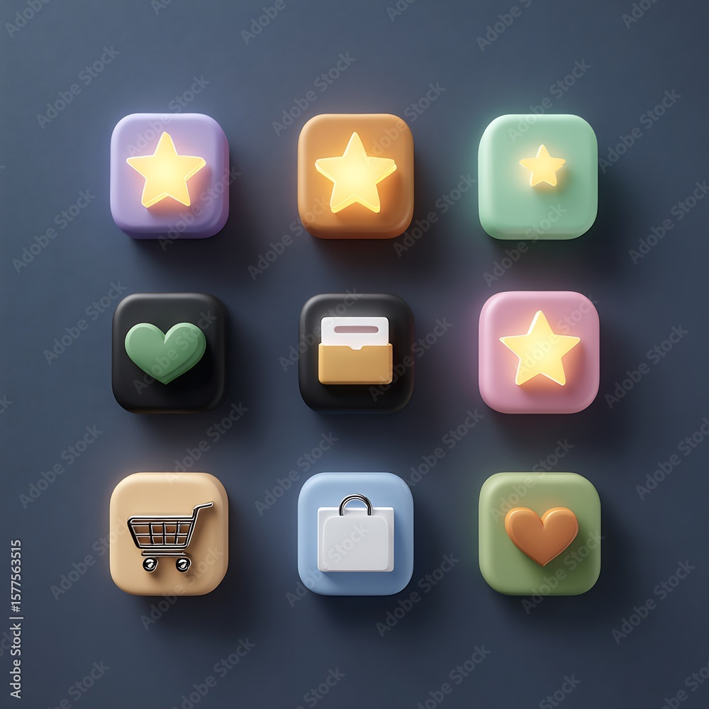 Aufkleber Minimalist 3D Icons with Glowing Elements for UI Design and App Development Showcase