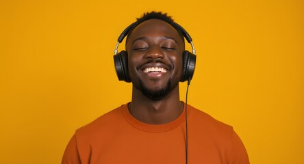 Smiling person wearing headphones on a yellow background close up. The person has short hair and an orange shirt, and their eyes are closed. The image shows a happy moment listening to music.