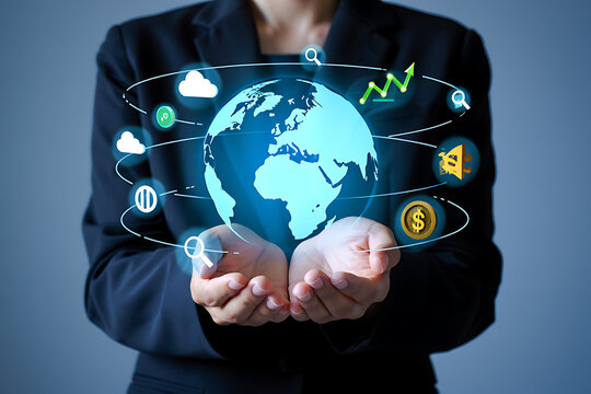 Global Businesswoman Presenting Futuristic Holographic World Map with Financial Growth Icons and Cloud Computing Elements.