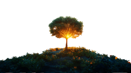 Realistic glowing sunlight effect behind lone tree atop hill & intended  Transparent PNG.  environmental posters, hope-themed art, or book covers

