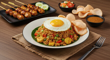 A vibrant Indonesian meal featuring fried rice topped with a fried egg, skewers, and sides.