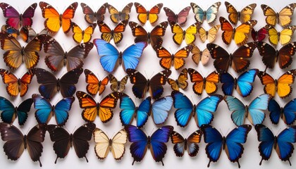 Obraz premium Dozens of beautiful butterflies in rainbow hues forming an elegant, symmetrical wallpaper pattern on a light neutral background.