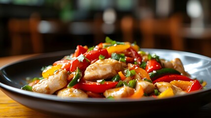 A beautifully plated dish of stir-fried vegetables and chicken