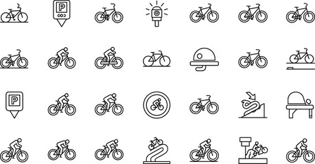 Fototapeta premium Bicycle line icon set. Vector pictograms of mountain bike parking, tracker, light, bell, group ride, downhill, thin linear 