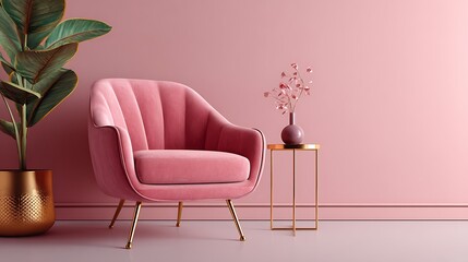 Pink Velvet Armchair with Plant and Table