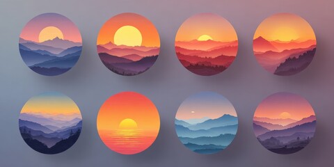 Stunning sunset icon set circular nature compositions in digital design