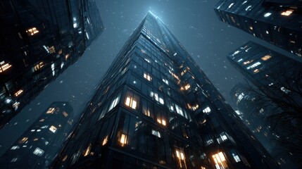 Dramatic Low Angle View of Tall Dark Square High Rise Buildings Against Night Sky