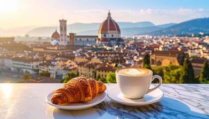 Continental breakfast with cappuccino and croissants on rooftop café table overlooking Florence historic city center in golden morning light