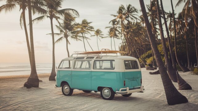 Vintage van at a serene beach surrounded by lush palm trees at sunrise