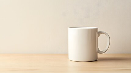 Blank white coffee mug on wooden table, copy space