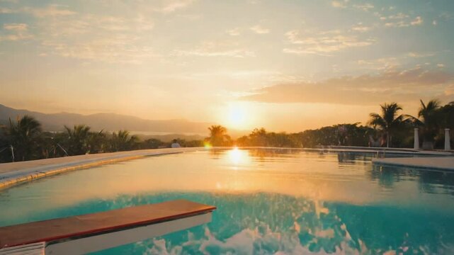 Person on a diving board in a swimming pool.