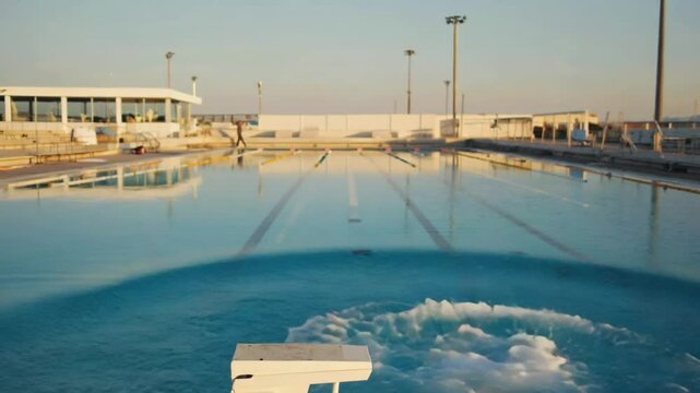 Person on a diving board in a swimming pool.